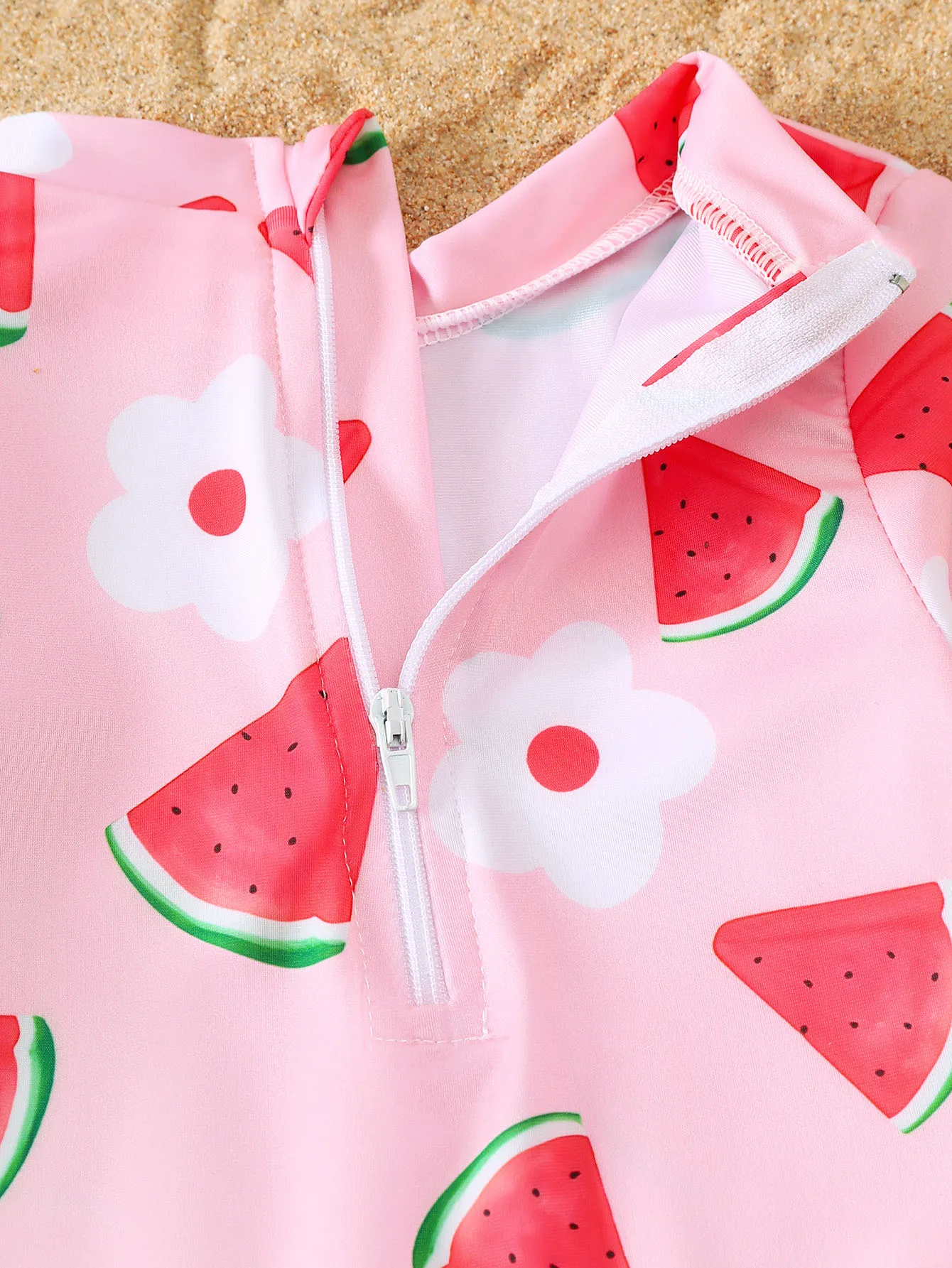 Baby Girl Summer Watermelon Pattern Long Sleeve Onesie Swimsuit with Sun Hat Infant Swimming Suit Set view 3