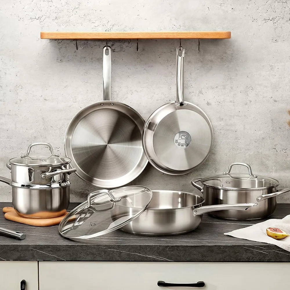 KOCH SYSTEME CS 10 Piece 3 Layer Stainless Steel Pot Set with Lid Suitable for All Stoves Induction Cooker Oven Dishwasher Safe