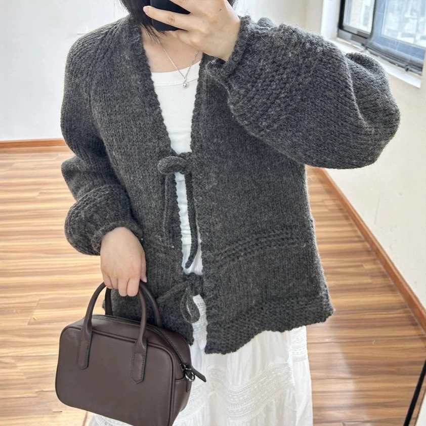 

Кардиган, женские свитера, вязаные джемперы с v-образным вырезом и рукавами-фонариками Y2k, уличная одежда, элегантная рабочая готическая вязка, открытая камня, осень-зима