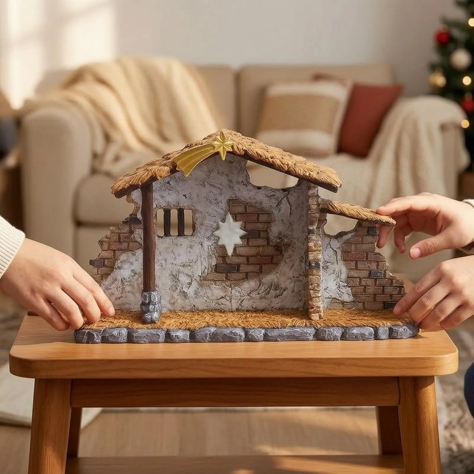 Nativity Stable with Star Tabletop Manger Artisanal-Looking-Look for Collectors