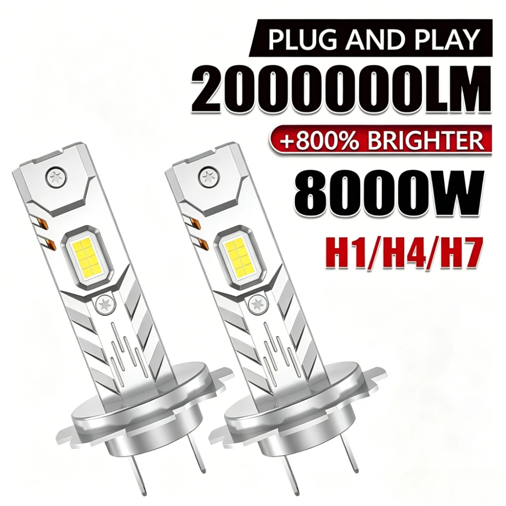 

8000W 800% Brightness H7 LED Headlight CANBUS Bulbs 2000000LM High Power Auto Lights H4 H1 Mini Size Plug&Play Wireless Fog Lamp