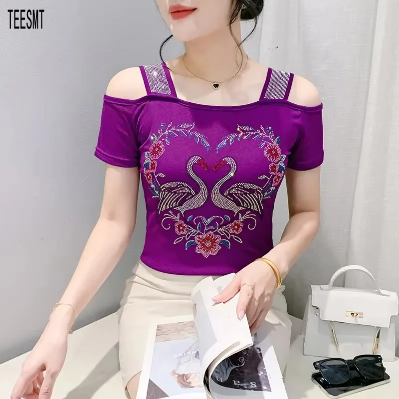 بجعة نسائية لامعة الماس فوق الكتف ، ملابس صيفية عالية الجودة ، تيشيرت فاخر مثير ، علامة تجارية أنيقة ، تيشيرتات نسائية #1