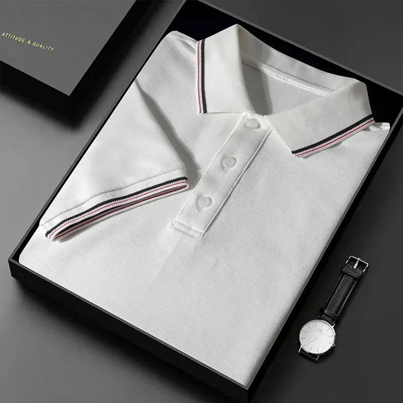 

Men's Spring Summer Collared Polo Shirt Short Sleeve Pure Color Striped Buttoned Business Casual White Top for Fashionable Men