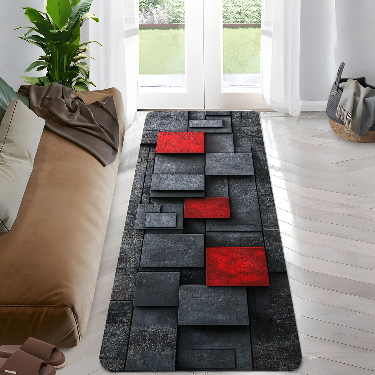 3D Grey Black Red Geometric Block Runner Rug, Non-Slip Washable Mat for Bedroom, Entryway,Hallway & Modern Industrial Home Decor