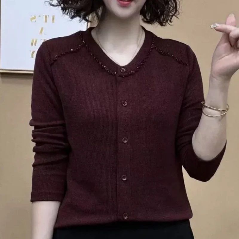 Premium Gray Long Sleeve Round Neck Rhinestone T-Shirt Women Slim Fit Basic Top