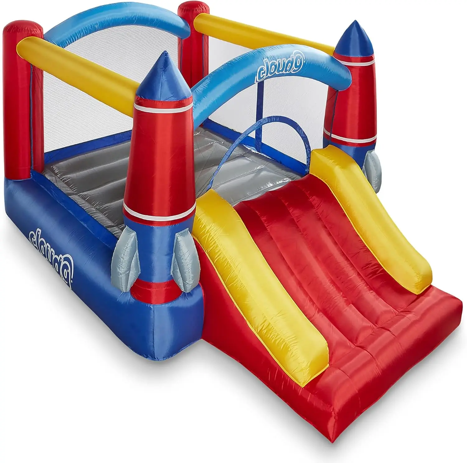 Aufblasbares Hüpfhaus und Gebläse, Raketen-Themen-Türsteher für Kinder mit Rutsche, inklusive Pfähle und Reparaturflicken