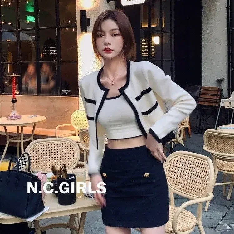 French Style OL Color Blocking Knitted Cardigan Jacket Women's Tweed Style Summer New Tank Vest Short Top 2-Piece Set