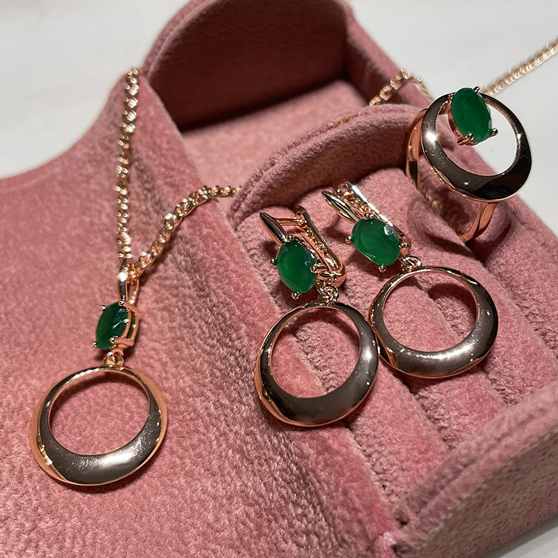 SYOUJYO Green Natural Zircon Round Rings For Women 585 Rose Gold Color Glossy Luxury Party Daily Fine Jewelry