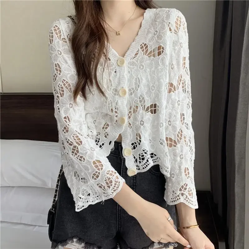 Women Korean Fashion Hollow Knitted Cardigan Thin Jacket Shawl Summer Sun Protection Blouse Spring Autumn Black White Women Coat