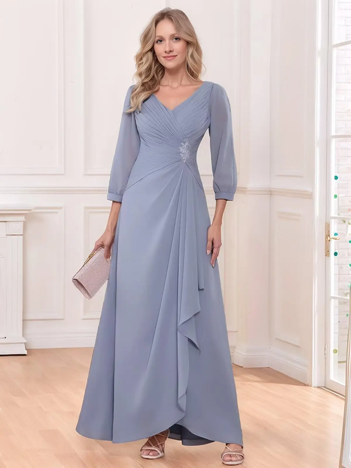 

Women’s Chiffon Mother of The Bride Dresses for Wedding 3/4 Sleeve Lace Pleated Ruched V Neck Formal Evening Gown