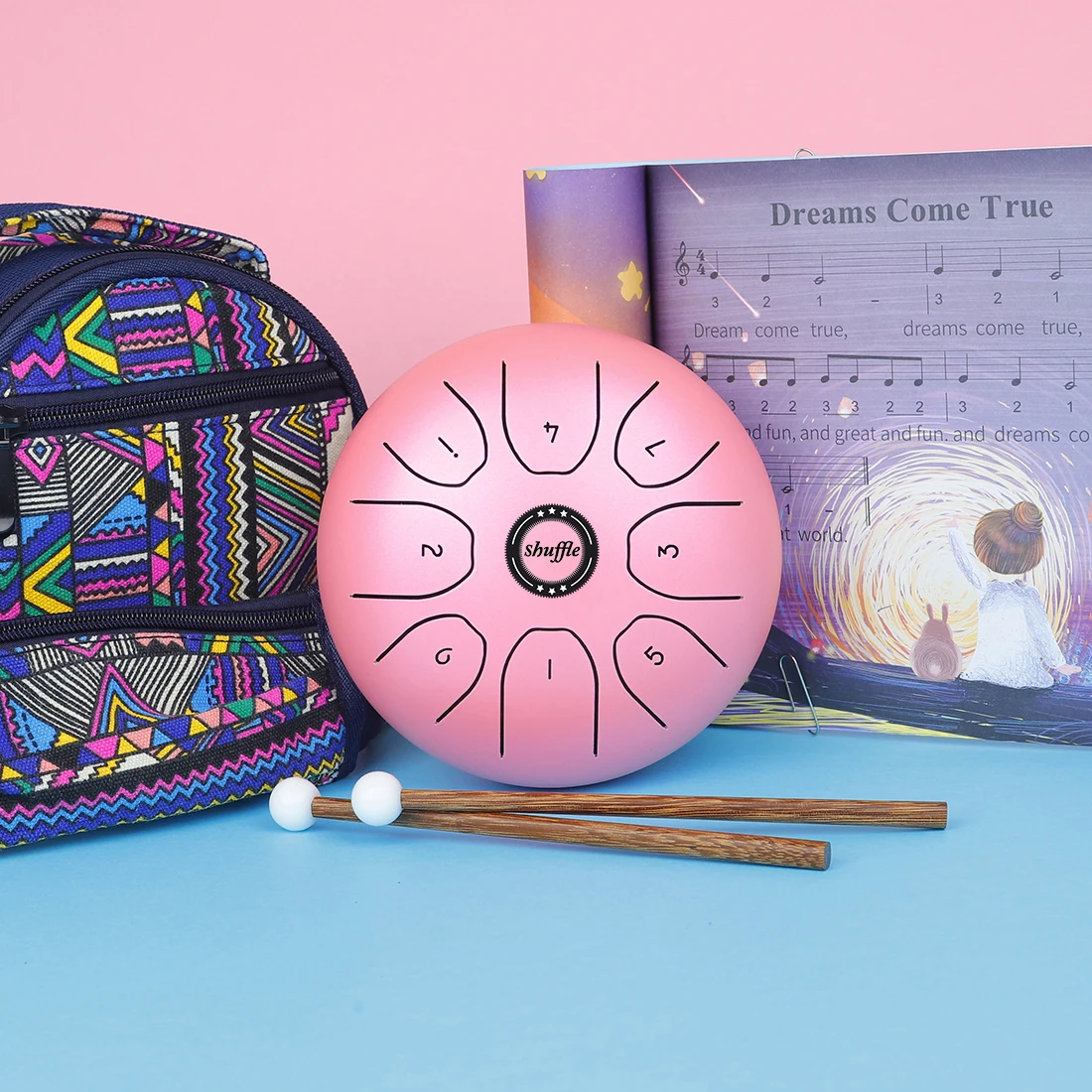 Hooqu Hot Sale Chinese Drums Instruments Manufacturers Kids 5.5'' Hand Drum Popular Percussion Meditation Steel Tongue Drum