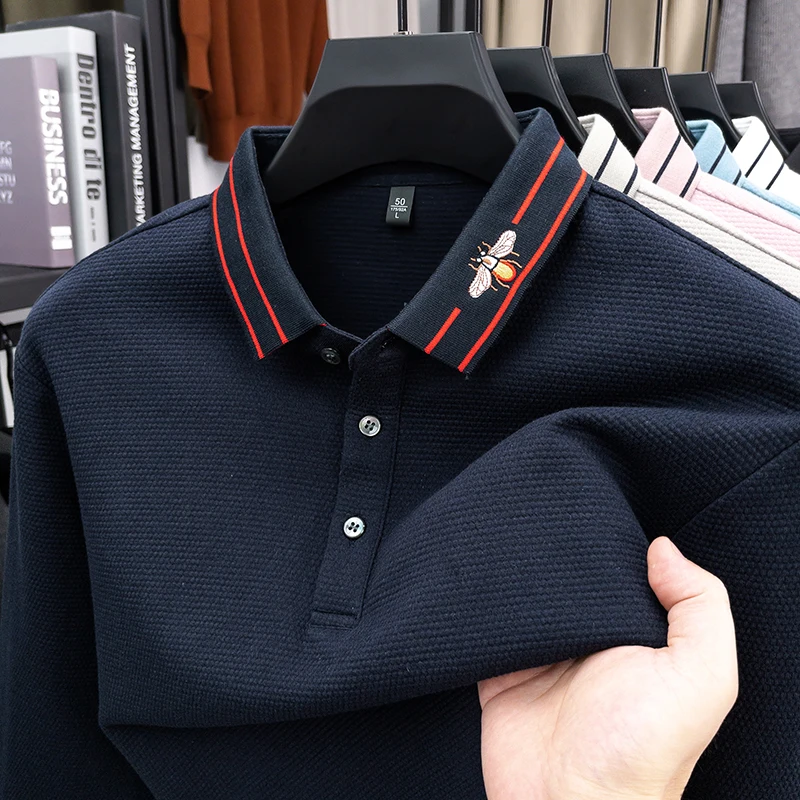 Light luxury Brand Men's long sleeve polo shirt fashion bee embroidery lapel T-shirt spring autumn comfort youth casual new top