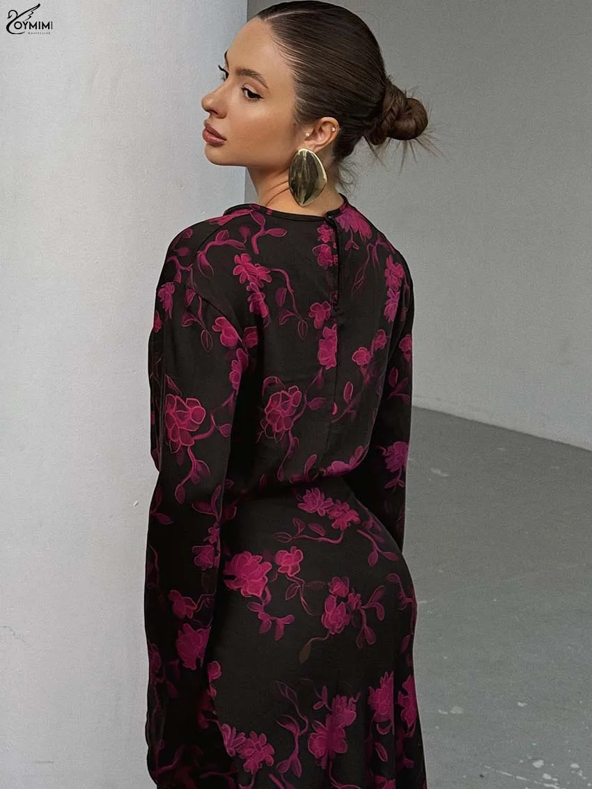 Oymim エレガントなダークブラウンプリントツーピース衣装女性のファッション O ネック長袖ボタンブラウスと床の長さのスカートセット