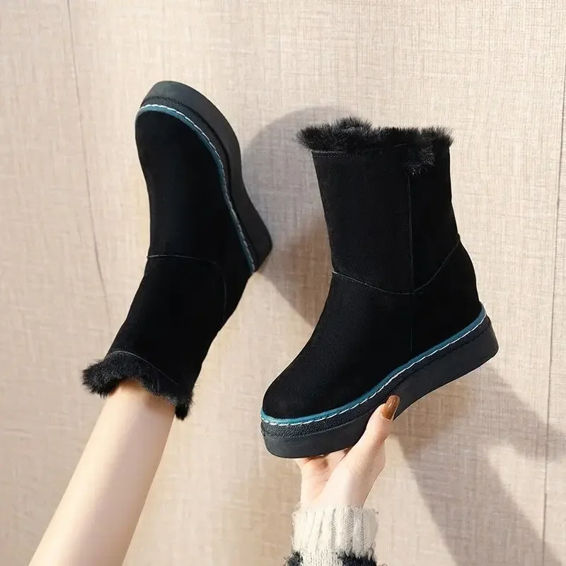 Winter 2024 Elegant Heeled Black Women's Snow Boots High Heels Large Size Warm Work Footwear Fashion Gyaru Pu Plush Ladies Shoes