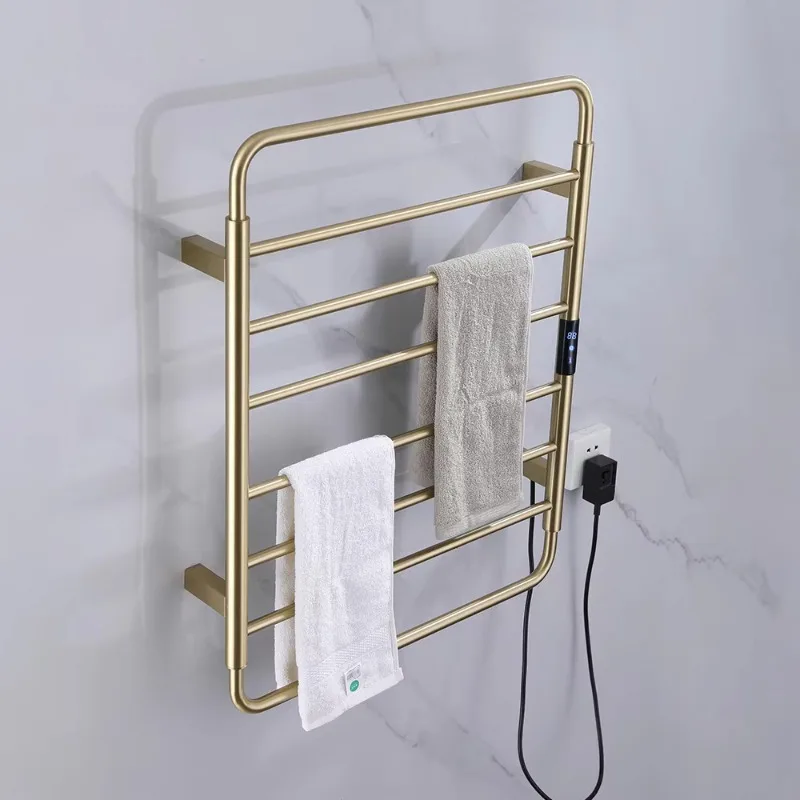 

Factory Direct Sales Brushed Gold Heated SS304 Smart Towel Rack Dryer Wall Towel Rack for Hotels