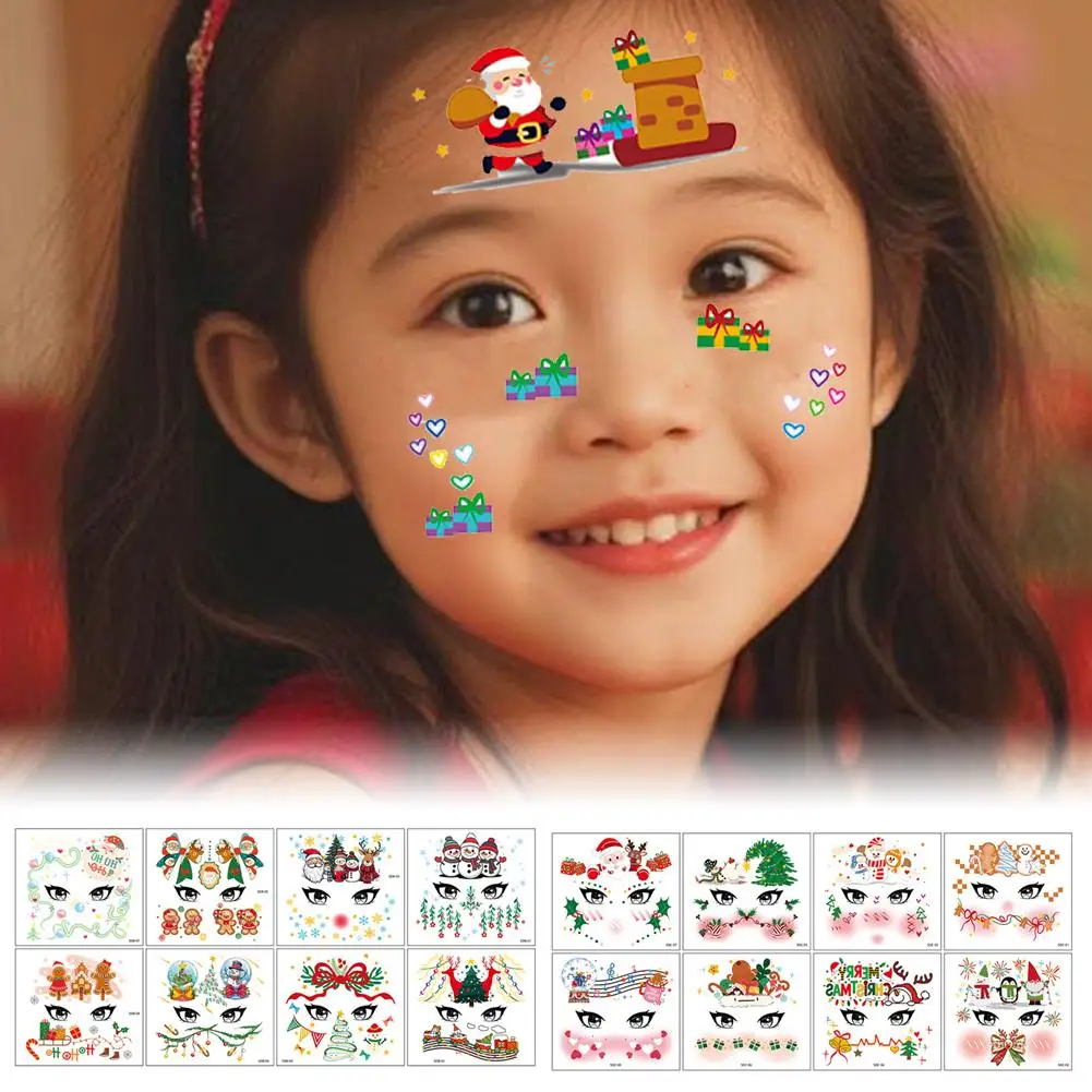8PCS Christmas Face Tattoo Stickers Bells Bow Hearts Stars Ribbons Freckles Temporary Tattoo Stickers For Festival Party