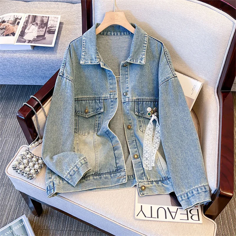 

Кружевная отделка на пуговицах, светло-голубая короткая джинсовая куртка, свободные однобортные однобортные осенние женские джинсовые куртки с лацканами и длинными рукавами