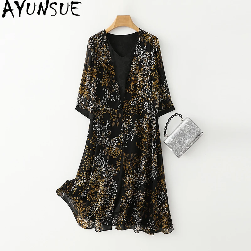 

AYUNSUE 92% Natural Mulberry Silk Dresses for Women Fake Two Pieces Set Womens Clothing Summer 2024 Floral Mid Long Dress