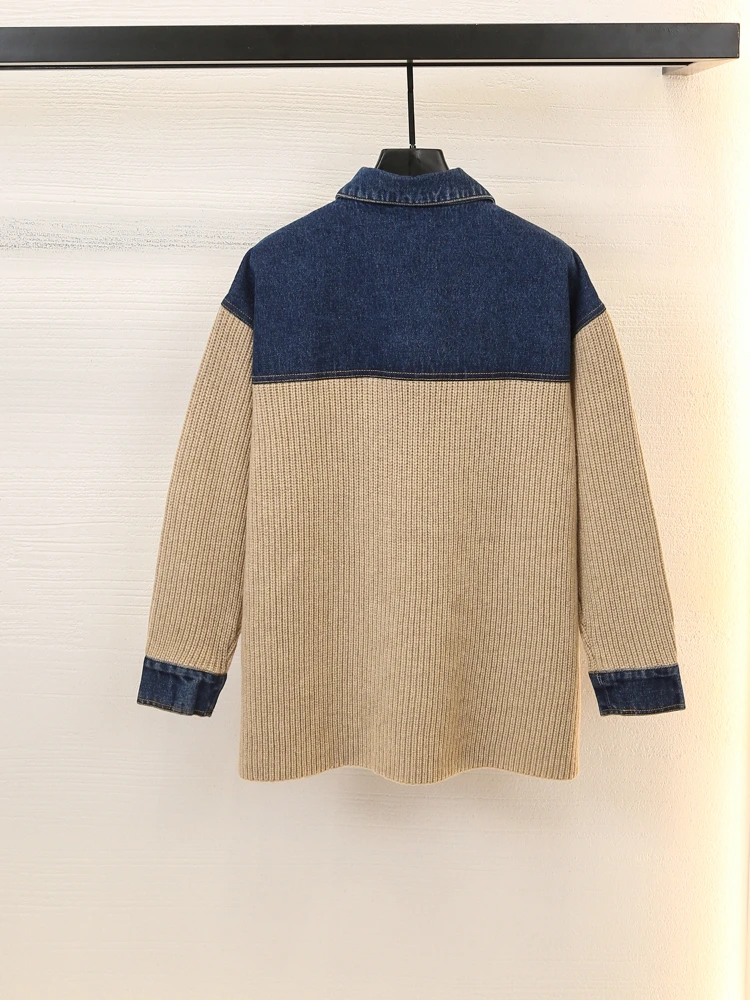 Fashion Commuter Sweater Coat Women\'s New Autumn Winter French Color Contrast Denim Knitted Stitching Lapel Shirt Loose Jacket