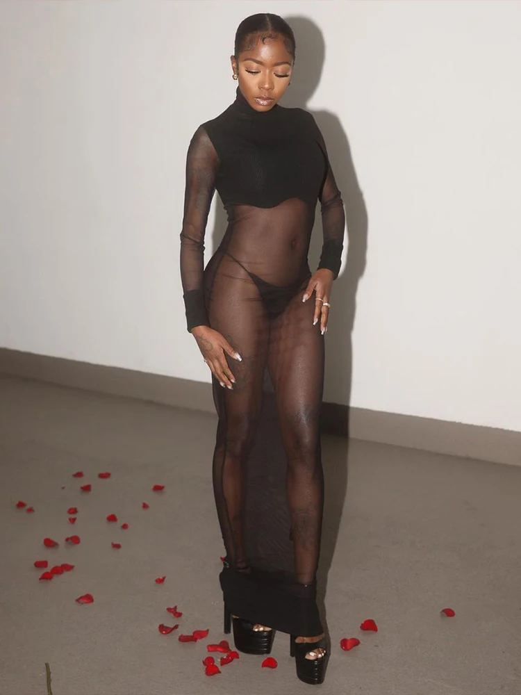 SIsterlinda-vestido de retazos de malla + bragas para mujer, Coqueta de cuello alto, manga larga, ropa para discoteca de medianoche, Vestidos sexis a juego para fiesta