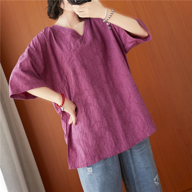 Estate 2025 taglie forti da donna in cotone e lino ricamato con stampa floreale Top V-Ne T-shirt dimagrante Copri pancia Versatile Casual...
