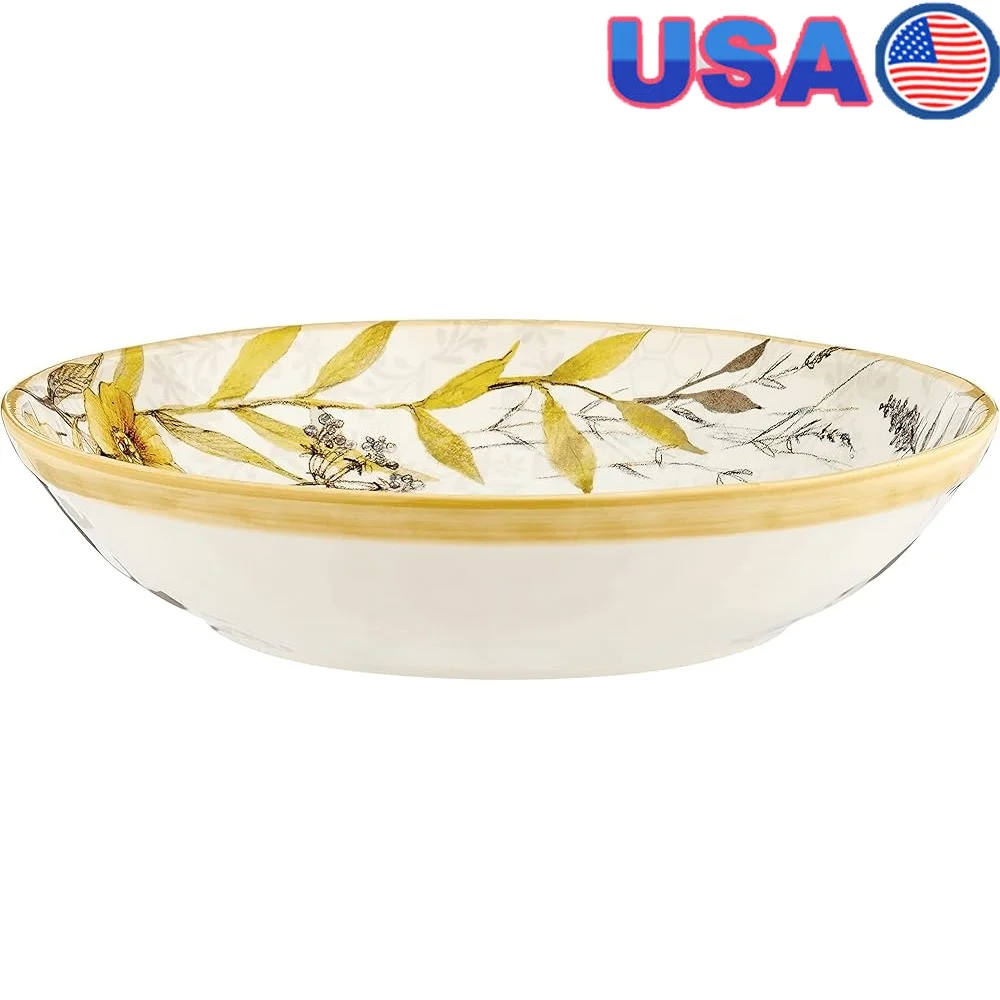 

Ceramic Serving Bowl 13 Inch Hand-Painted Bee Floral Design Pasta Salad Soup Garden Party Rustic Kitchen Decor