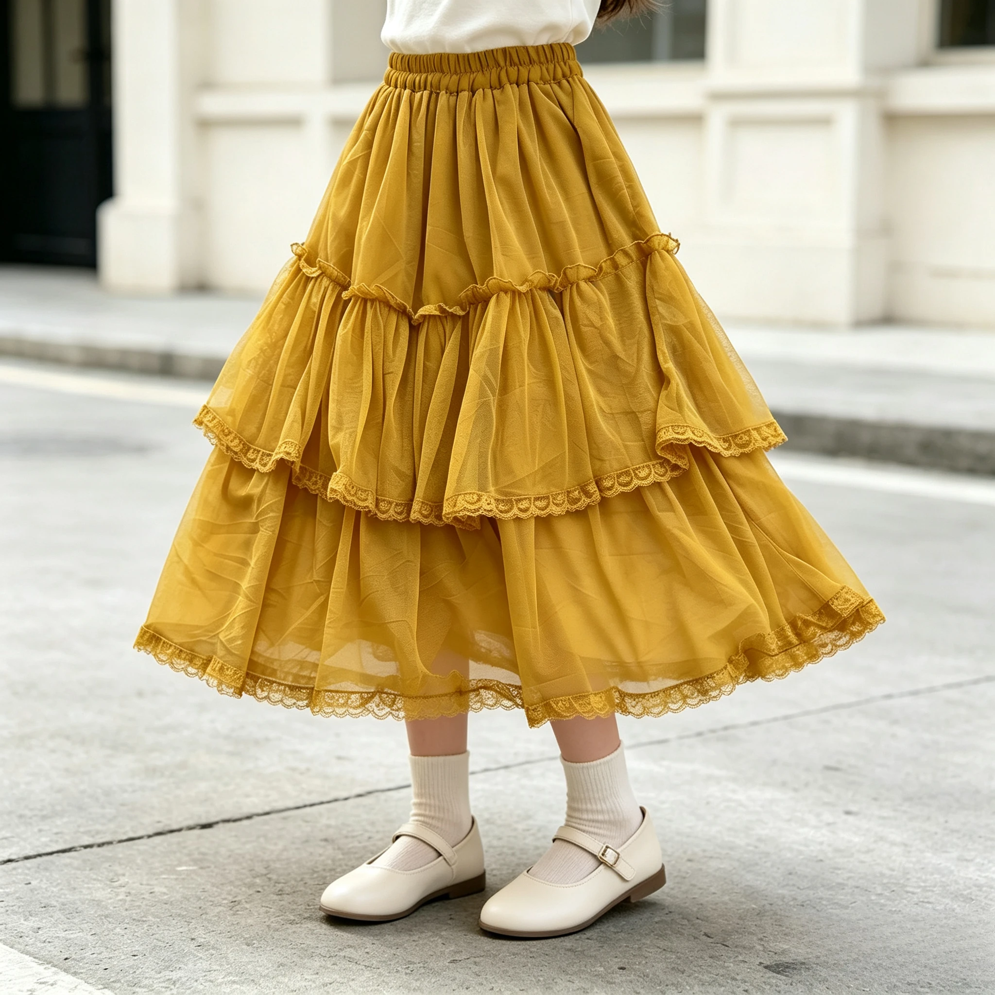Girls Mustard Yellow Chiffon Tiered Midi Skirt Elastic Waist Lace Trim Ruffle Flowy A Line Long Skirt Teenage Summer Casual Wear