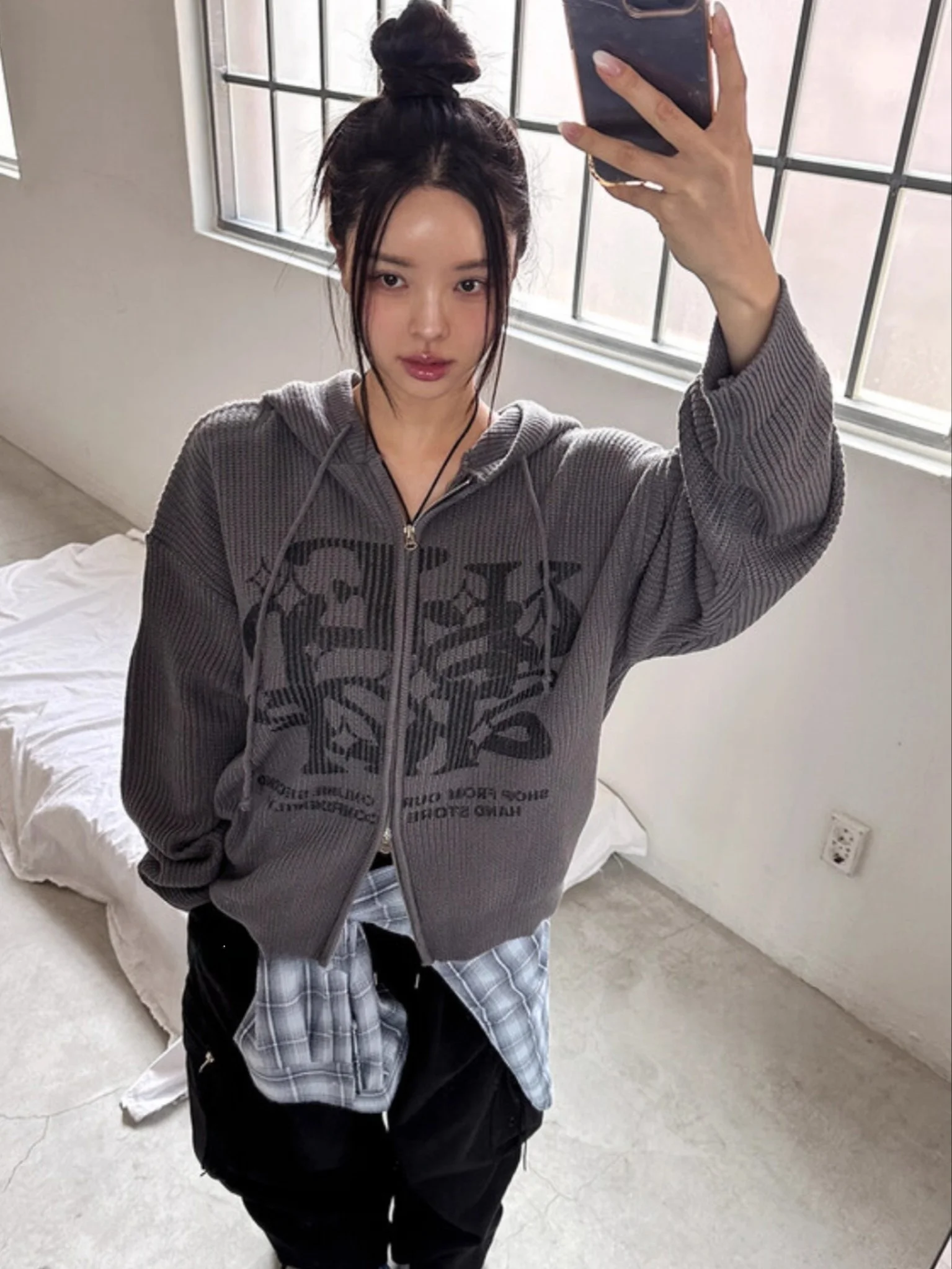 Street Style Boyfriend Sweater Unique SEI Han Weichen Loose Knitted Hat Coat Printed Casual Commute Style Long Sleeve Zipper