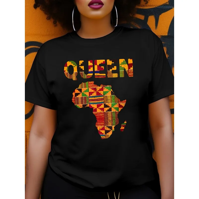African Queen Kente Print T-Shirt Bold QUEEN Lettering Print with Vibrant African Map Design Short-sleeve Crew Neck Casual Top