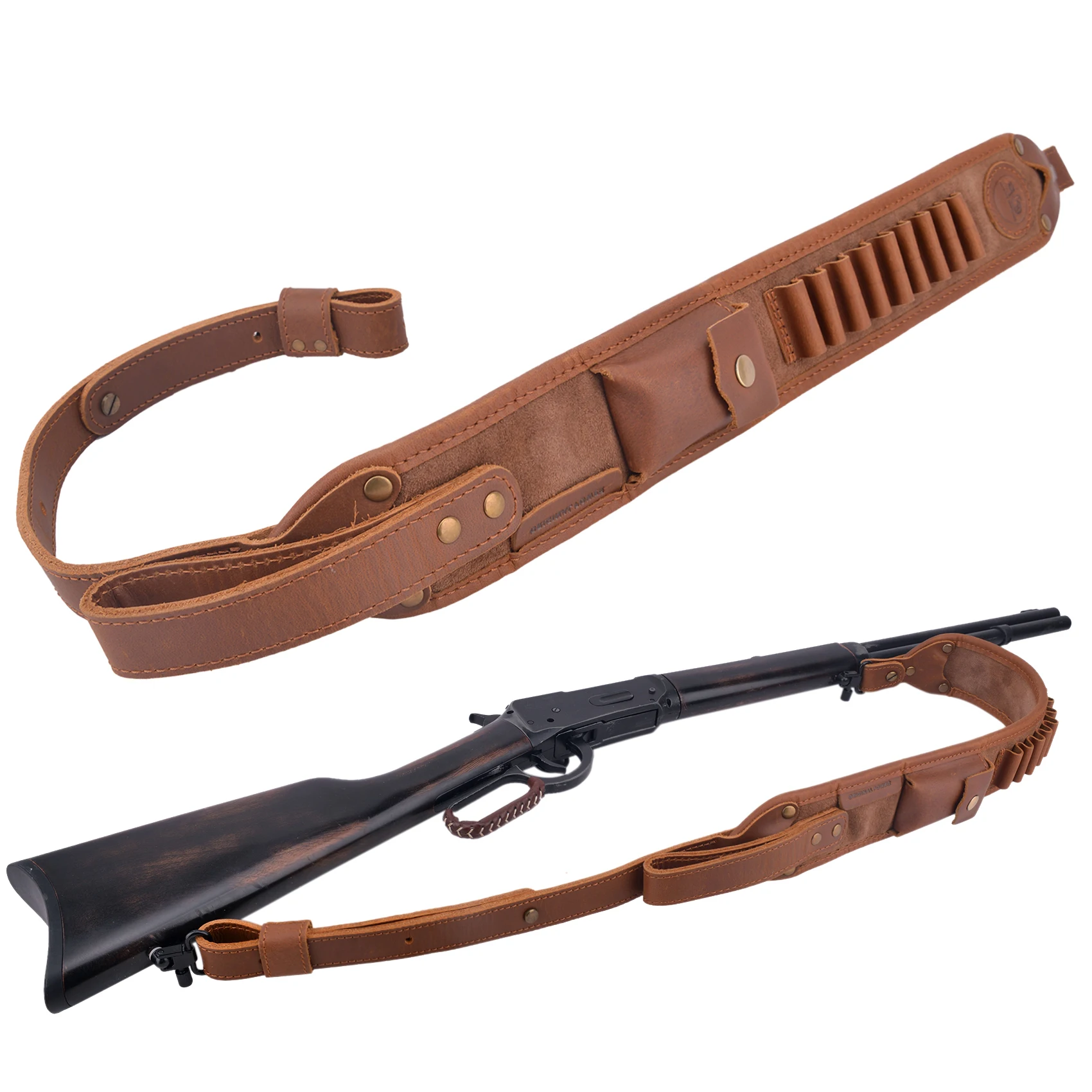 Leather Rifle Sling with Swivels Adjustable Shell Loops Ammo Holder Strap For .308 .30-06, .45-70