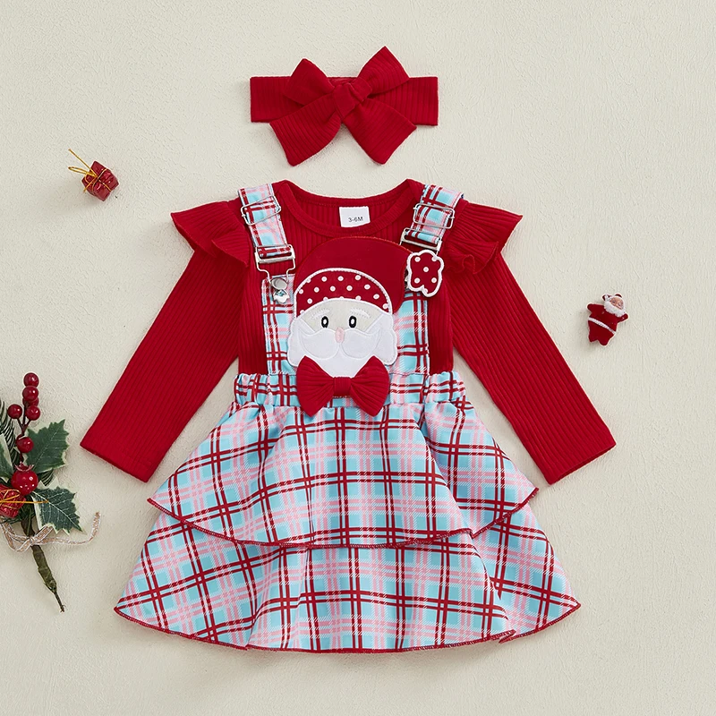 

Newborn Baby Girl Christmas Clothes Outfits Ruffle Long Sleeve Romper Santa Plaid Suspender Skirt Headband 3 Piece Party Sets