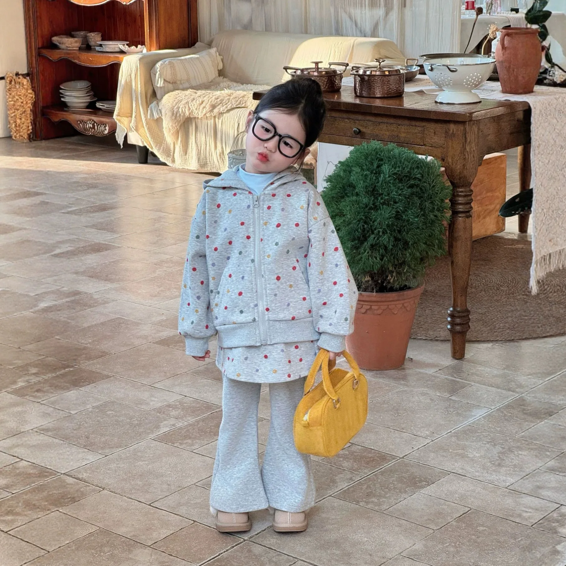 Girls Fall Set Korean Colorful Polka Dot Hooded Zip Sweatshirt Jacket Diaper Cover Flare Pants Two Piece Set