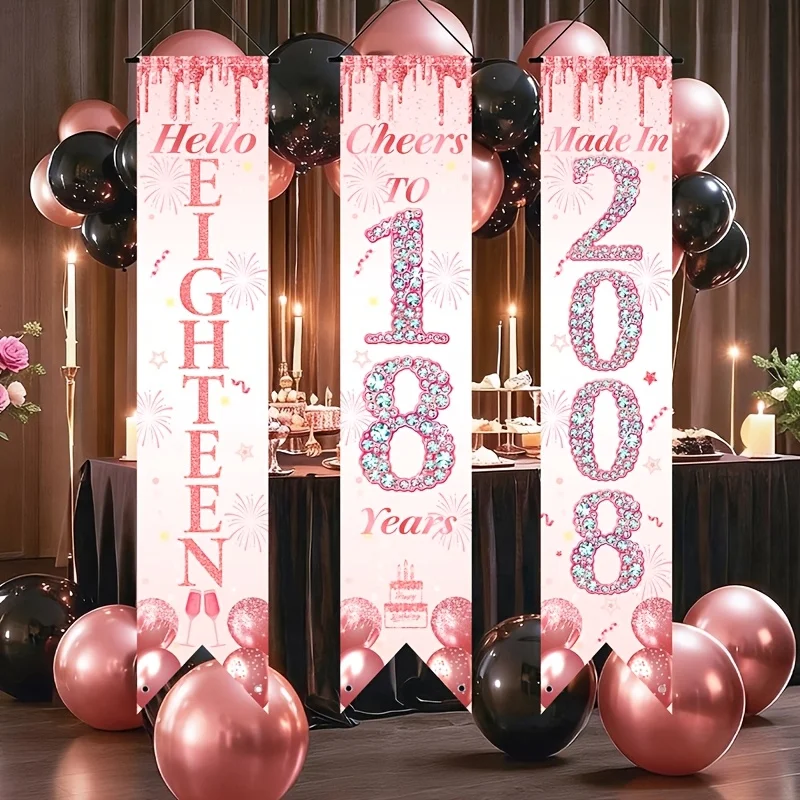 2D Flat 18th Birthday Door Banner 3-Pack, Pink Balloon & Mermaid Tail, Indoor Outdoor Home Porch Room Party Decoration
