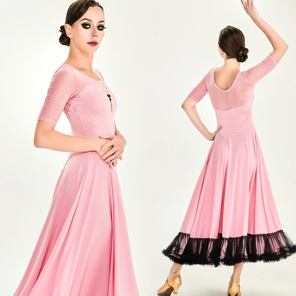 โมเดิร์นการแข่งขันเต้นรําอย่างเป็นทางการโอกาส Rhinestone เครื่องแต่งกายผู้หญิง 2025 Waltz กีฬาเต้นรําชุดสีชมพูสีแดง
