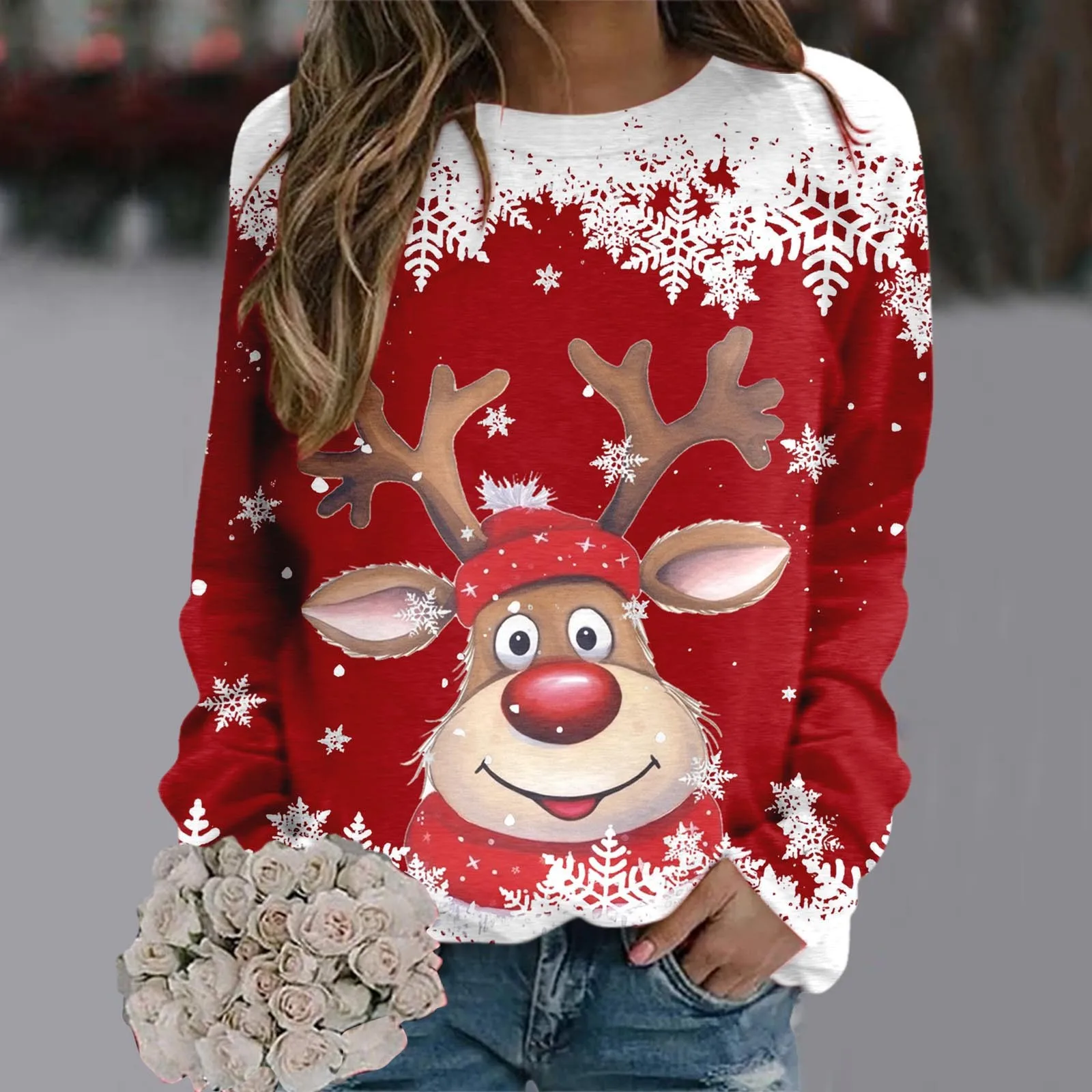 

Women's Plus Christmas Casual T-shirt Colorblock Elk Print Round Neck Long Sleeve Slight Stretch T-shirt Plus Size Xmas Shirts