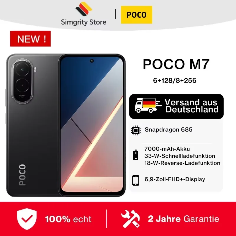 Smartphone POCO M7 (version internationale), écran FHD+ de 6,9 pouces à 144 Hz avec une résolution de 2340 × 1080, processeur Snapdragon 685, double appareil photo IA de 50 Mpx, batterie de 7 000 mAh,