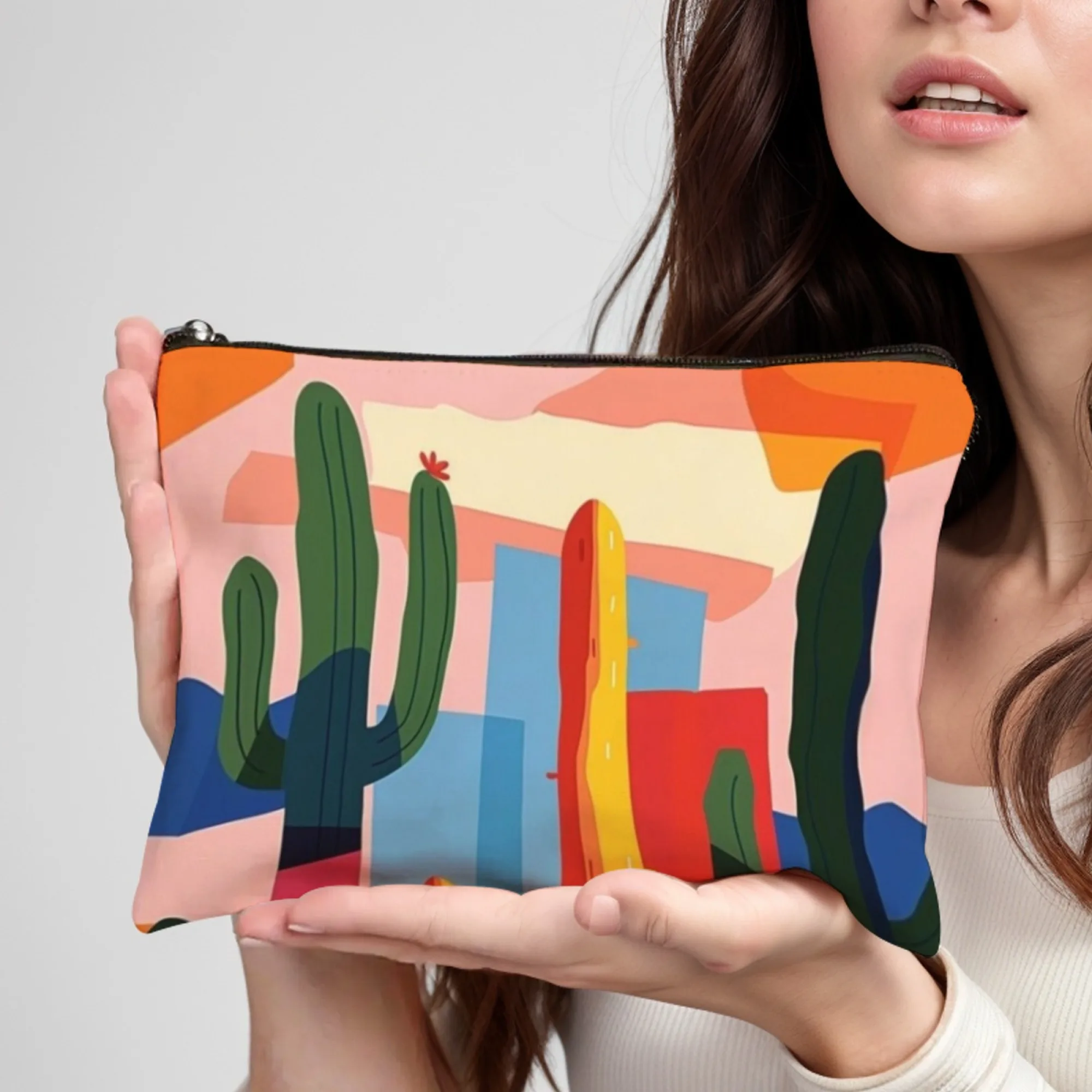 Bunte Kaktus-Multifunktions-Kosmetiktasche, lebendige, kompakte Make-up-Tasche im Wüstenstil für den täglichen Gebrauch auf Reisen, Urlaubsutensilien