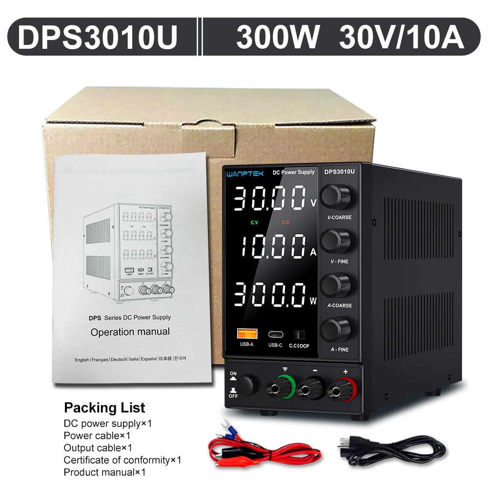 Wanptek Einstellbares Labornetzteil 30 V 10 A USB/Typ-C Dual-Ladeanschlüsse OCP Short-Circuit ProtectAC 220 V/110 V Auto-Switching