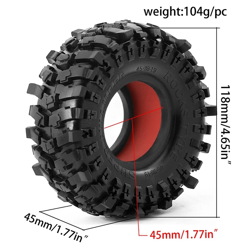 4pcs 118mm Wheel Tires with EVA Dual Stage Foam Insert for 1/10 RC Crawler Truck Wheel Tyre SCX10 WRAITH Red [wvrae34]