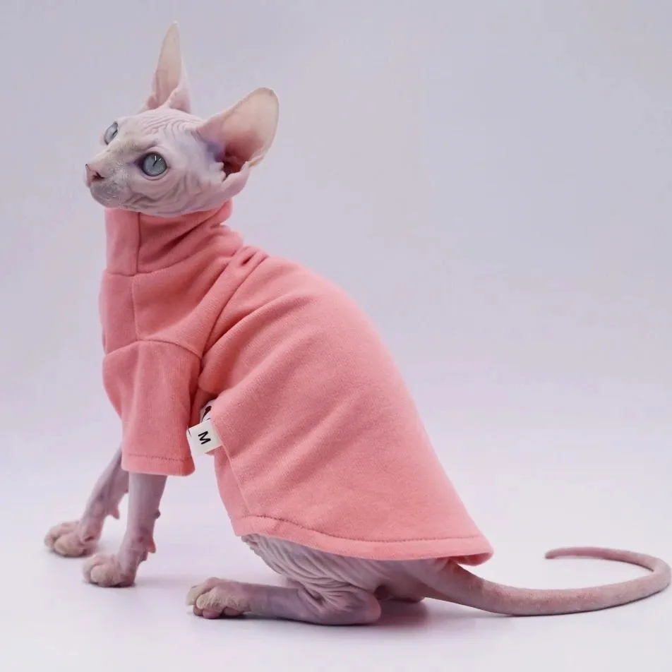 Sphynx Cat Clothes All SeasonPure Pink Hairless Cat Vest Shirt Comfort Cotton Turtleneck Outwear Coat for Devon Rex Cat Clothes