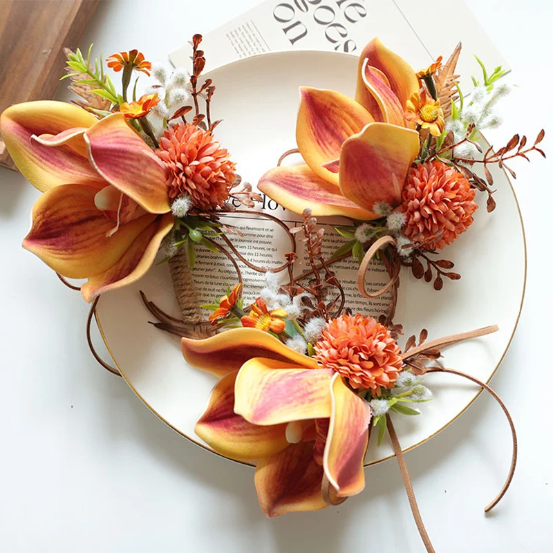 

25069 Boutonniere for Men, Wrist Corsage Artificial Flowers for Wedding Decor/Prom/Homecoming, etc.boat orchids caramel