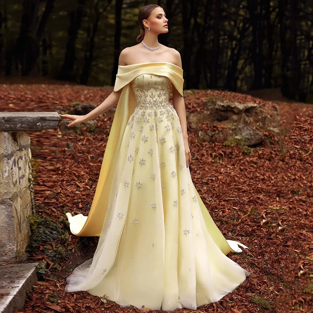 

Anna Wedding Party Dress Women Elegant Party Saudi Arabia Evening Dress Off Shoulder Boat Neck Beads Yellow Ball Gowns Dresses