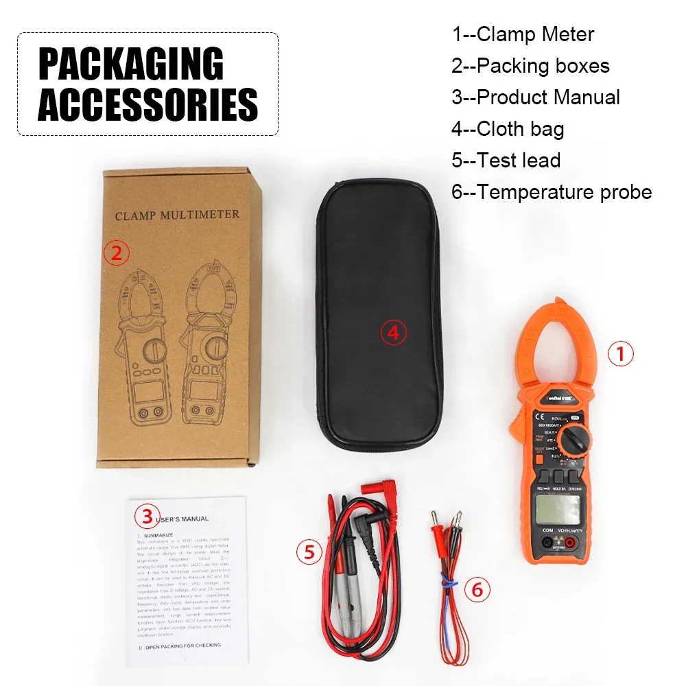 RUOSHUI 610B+ 1000V 1000A AC/DC Digital Clamp Meter 5999 Counts VFC True RMS NCV Live Flashlight Clamp Multimeter