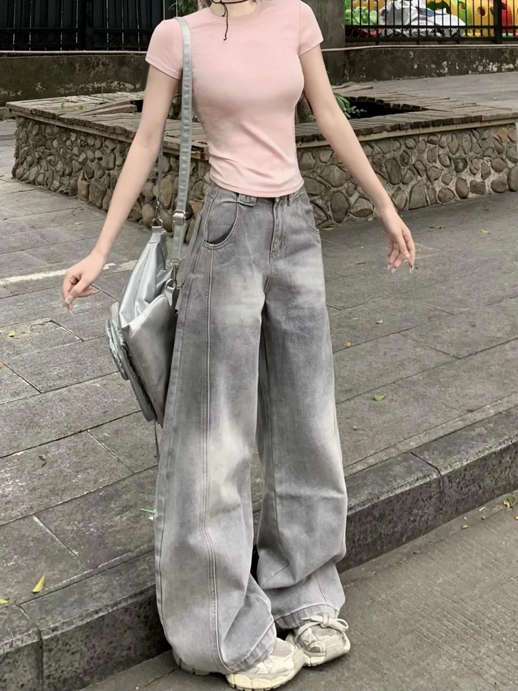 

Grey Jeans Women Vintage High Waisted Cargo Straight Summer NEW Casual Big Size Wide Leg Denim Baggy Pants Y2K Female Trousers