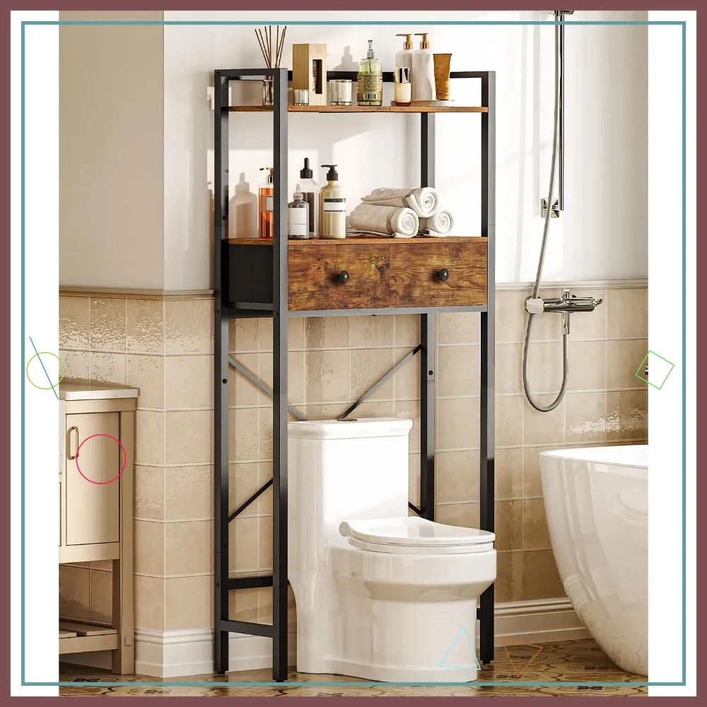 

3-уровневая полка для хранения над унитазом с 2 ящиками, отдельно стоящий органайзер для ванной комнаты, экономия места в деревенском коричневом стиле