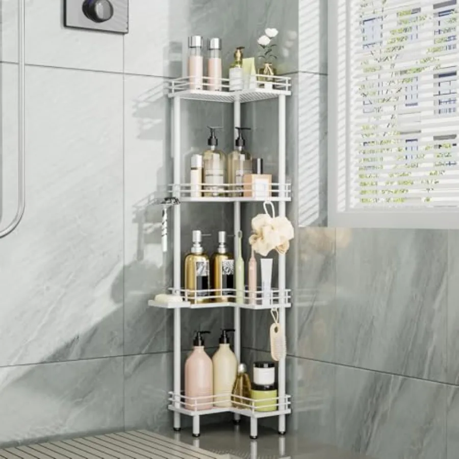 

Corner Shower Caddy Standing - 4-Tier Stainless Steel Shower Organizer with Soap Holder and 4 Hooks, Large Capacity Corner Shel