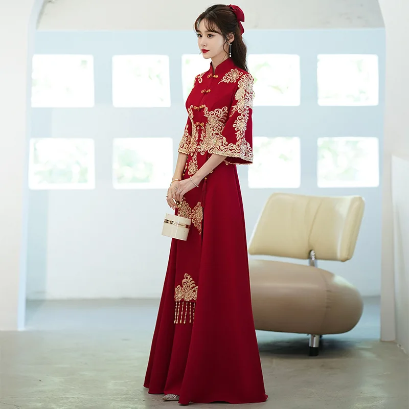 아플리케 꽃 만다린 칼라 Cheongsam 우아한 정장 파티 드레스 a 라인 부르고뉴 Qipao Oversize 6XL 7XL 8XL Robe De Soiree