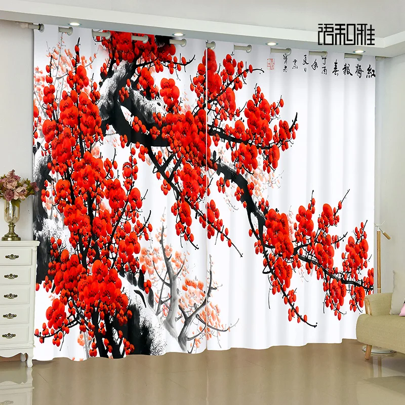 

Custom Chinese cortinas Curtain Fabric Transparent Landscape Flower Bird Plum Blossom Bedroom Living Room Window Curtain 2PCS