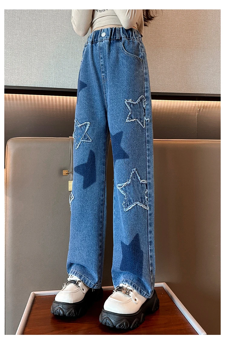 Stylische Streetwear-Jeans für Kinder mit geradem Schnitt und Sternen, modische Kleidung, Hip-Hop-Retro-Jeanshosen für Mädchen, luxuriöse Kinderhosen – Detail 9