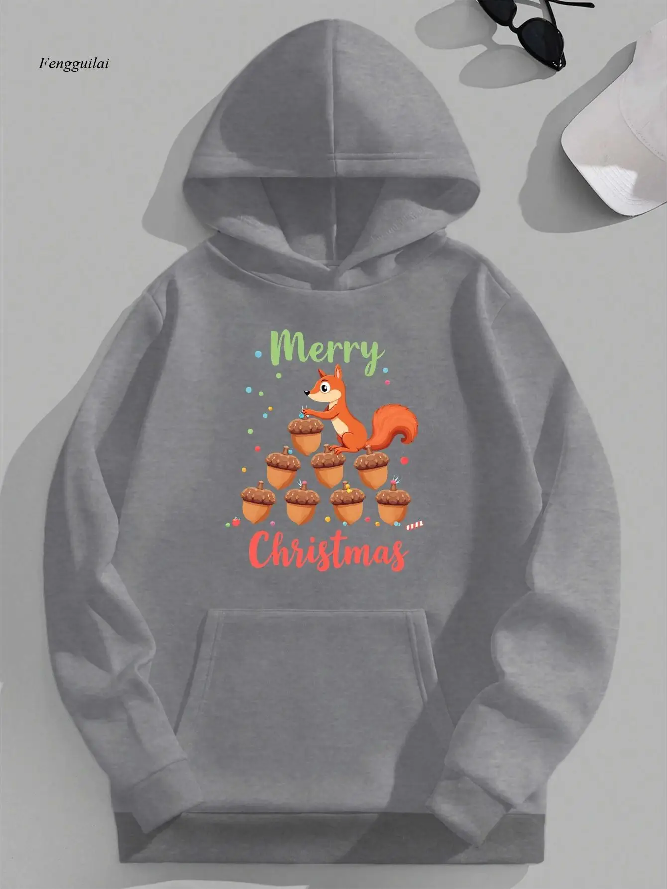 

Рождественская толстовка с капюшоном с принтом белки и желудя — уютная зимняя толстовка с дизайном белки, повседневный пуловер свободного покроя